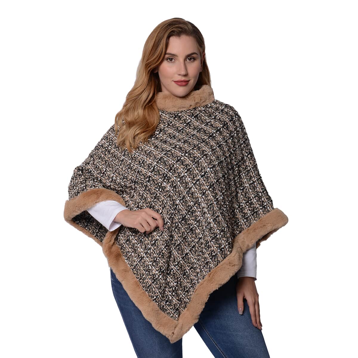 Beige Tweed Poncho with Faux Fur Trim (100% Polyester) image number 0