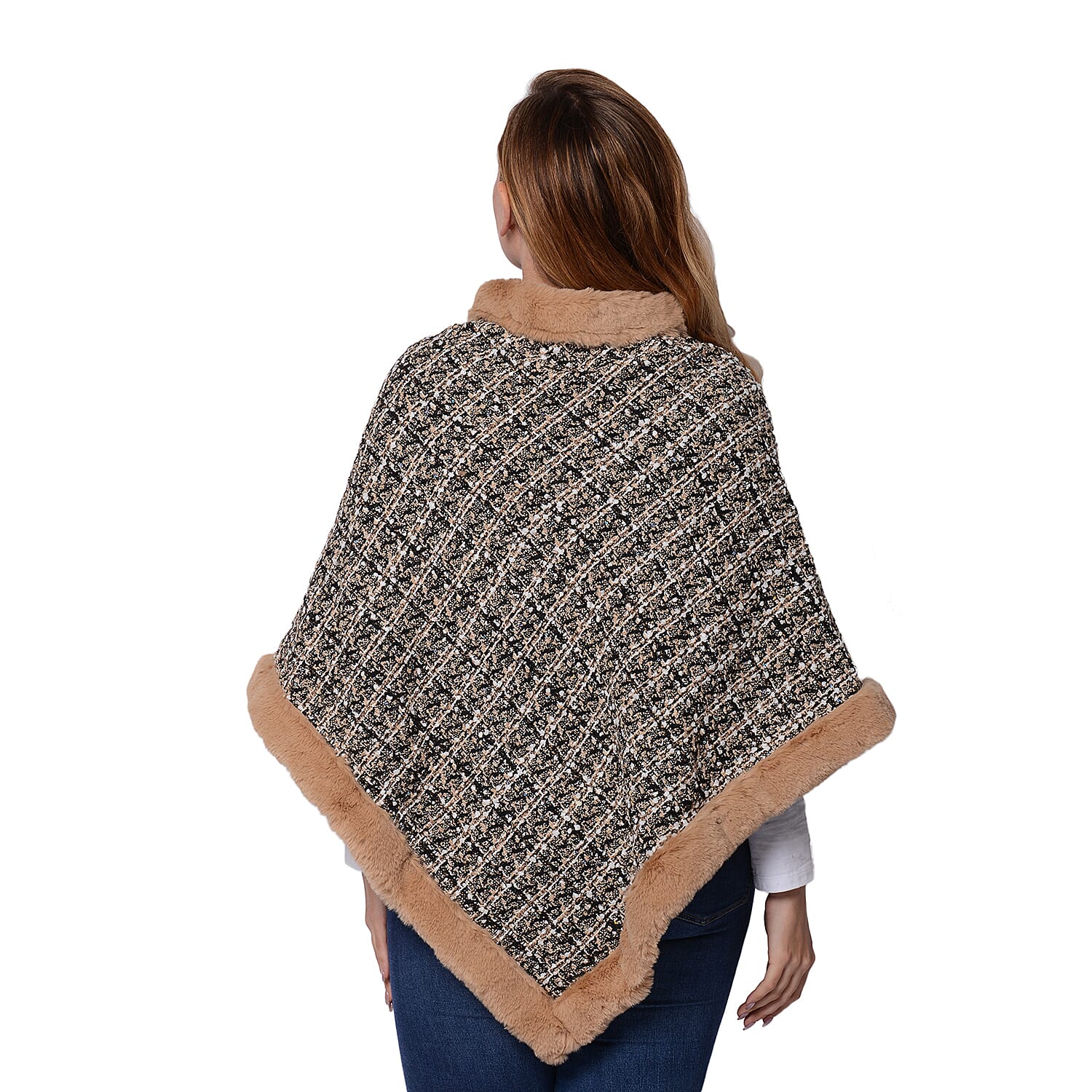 Beige Tweed Poncho with Faux Fur Trim (100% Polyester)