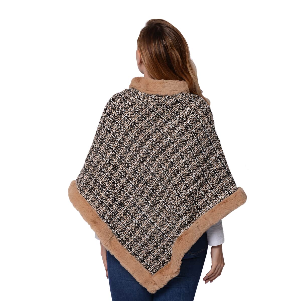 Beige Tweed Poncho with Faux Fur Trim (100% Polyester) image number 1