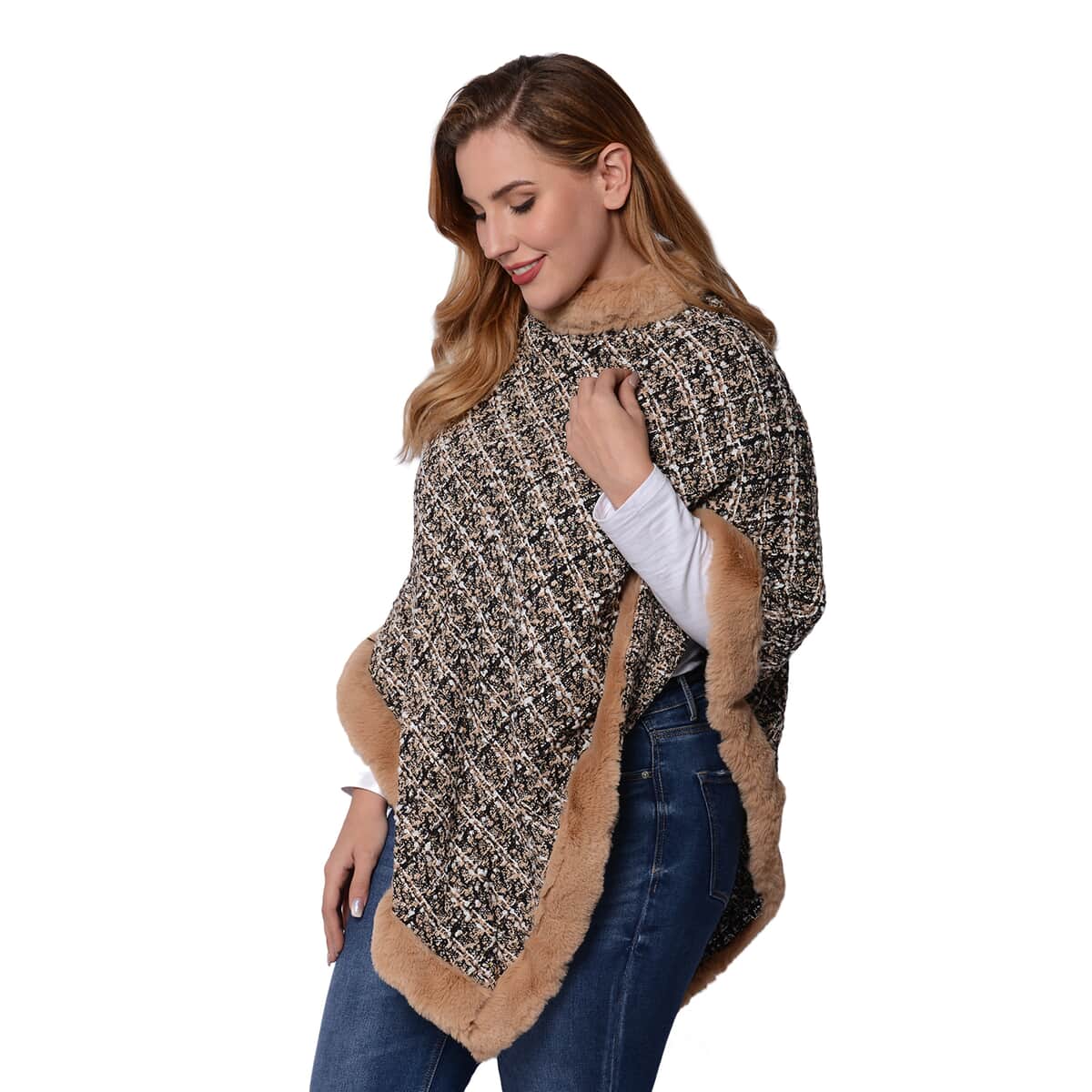 Beige Tweed Poncho with Faux Fur Trim (100% Polyester) image number 2