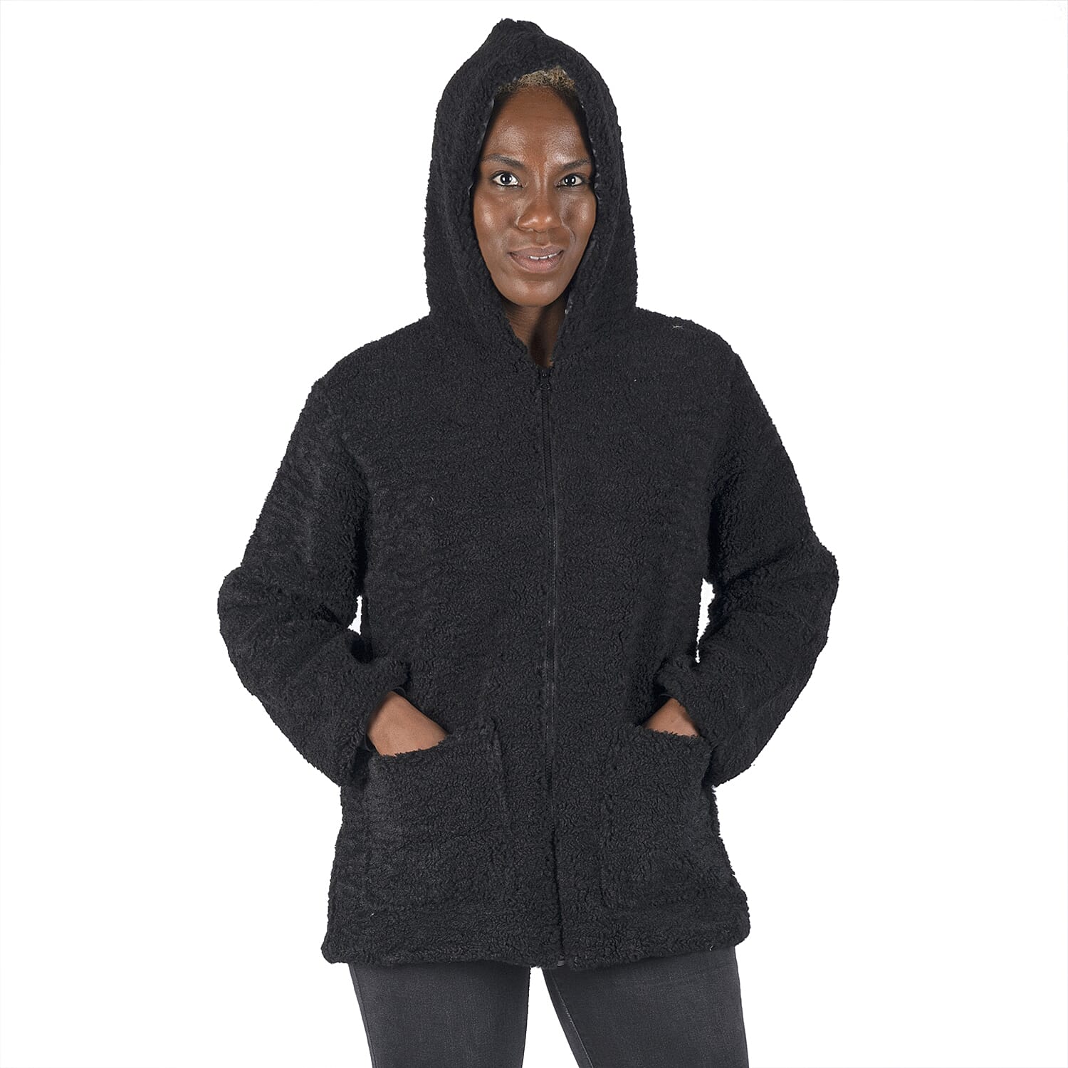 Black Satin Lined Faux Fur Hooded Jacket with Front Pockets (S, 100% Polyester)