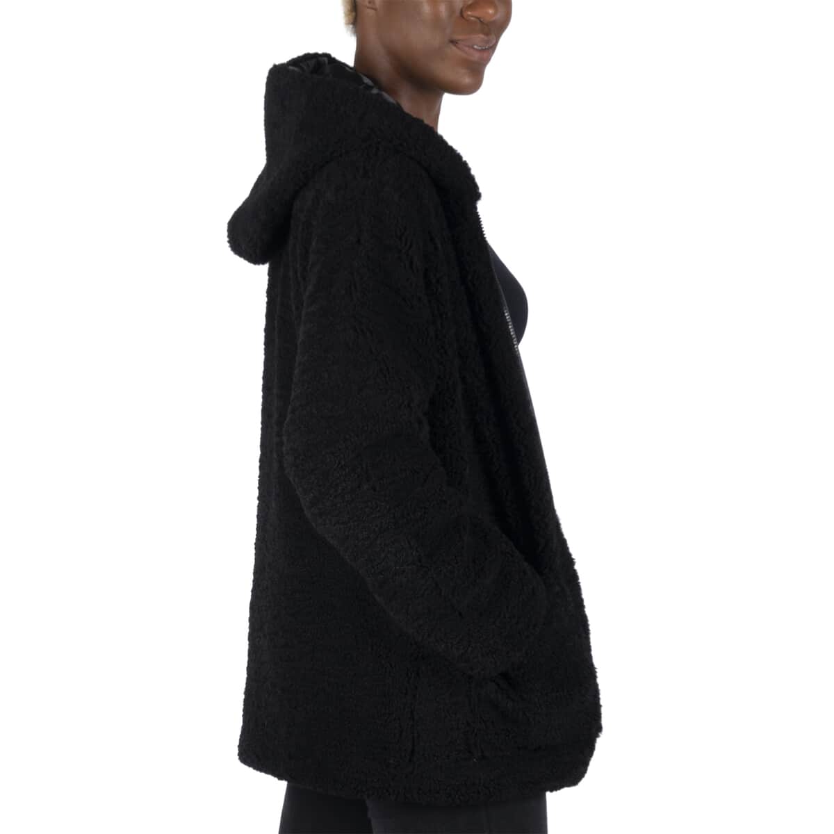 Black Satin Lined Faux Fur Hooded Jacket with Front Pockets (S, 100% Polyester) image number 1