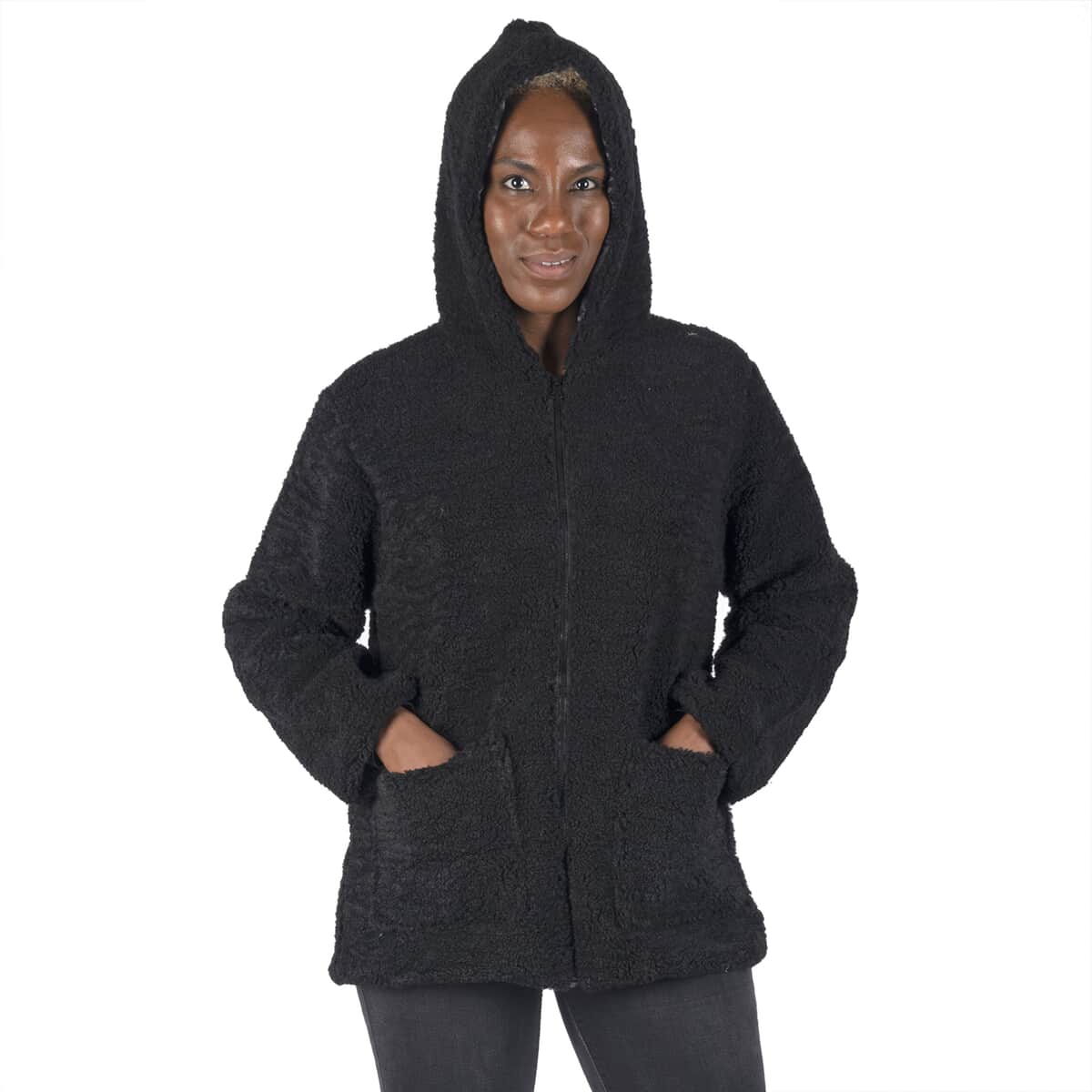 Black Satin Lined Faux Fur Hooded Jacket with Front Pockets (M, 100% Polyester) image number 0