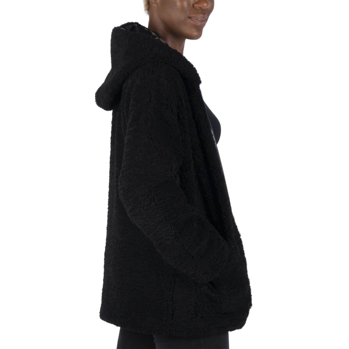 Black Satin Lined Faux Fur Hooded Jacket with Front Pockets (M, 100% Polyester) image number 1
