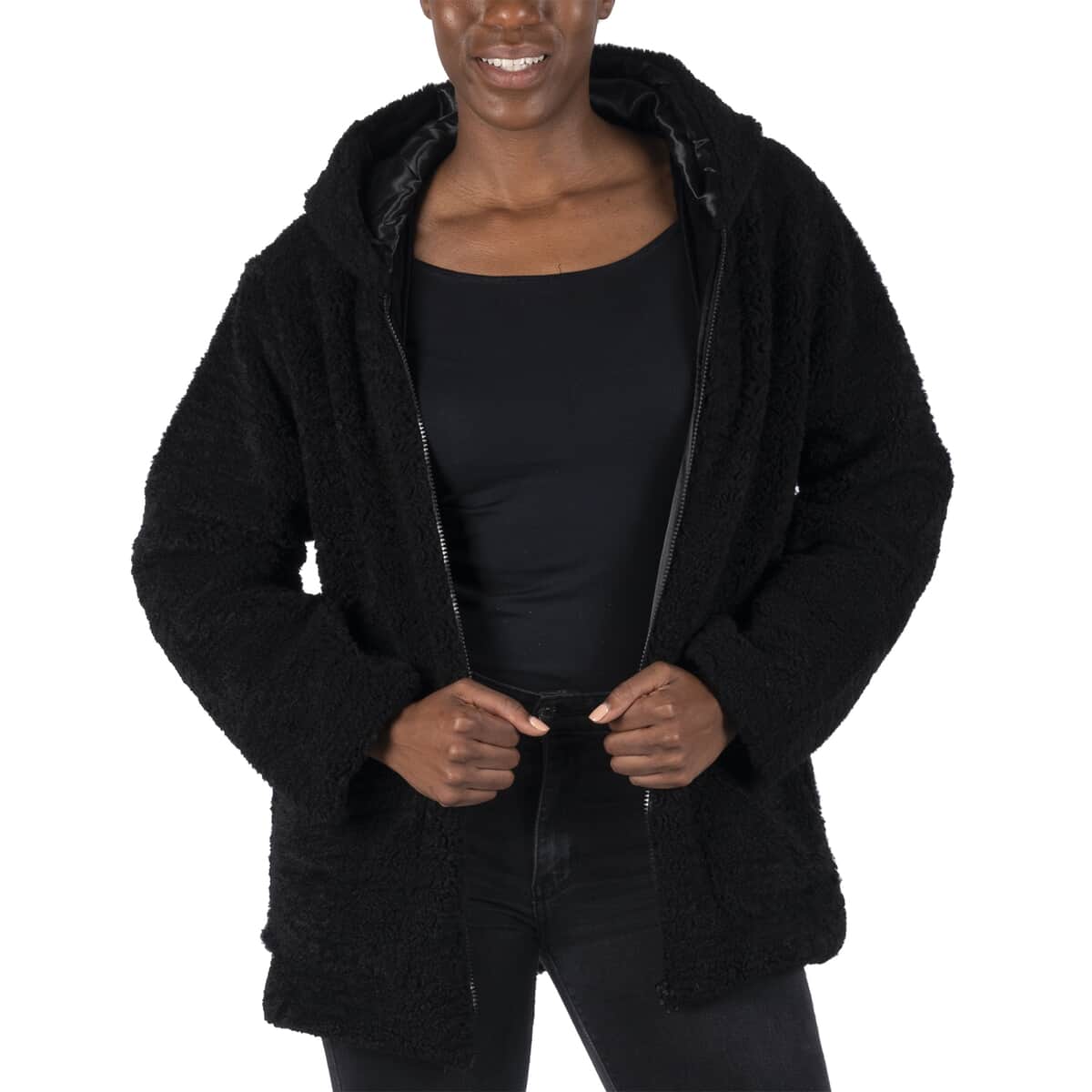 Black Satin Lined Faux Fur Hooded Jacket with Front Pockets (M, 100% Polyester) image number 3