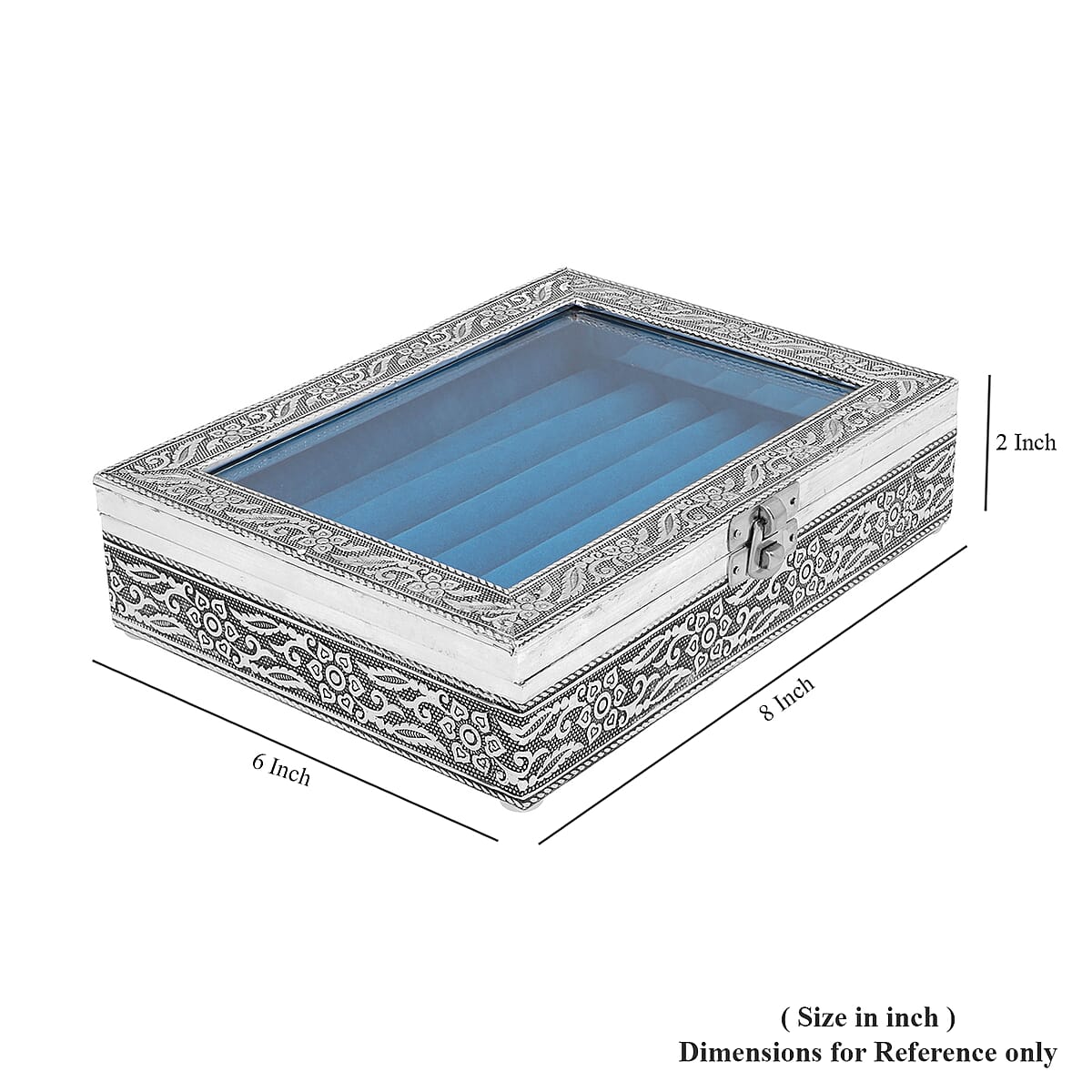 Handcrafted Aluminum Blue Velvet Interior Glass Top Jewelry Box image number 2