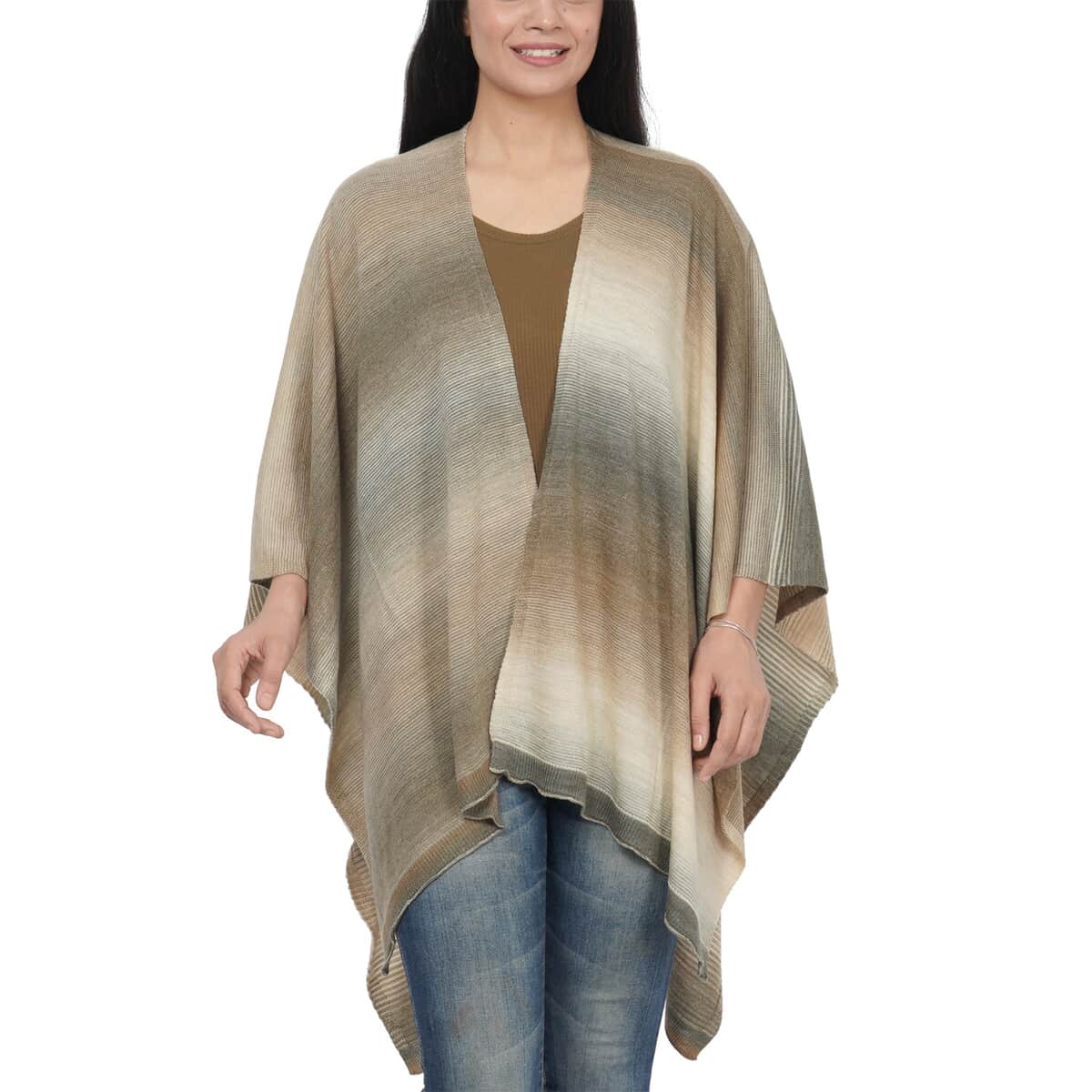 Beige Knitted Stripe Pattern Ruana (One Size Fits Most, 100% Acrylic) image number 0