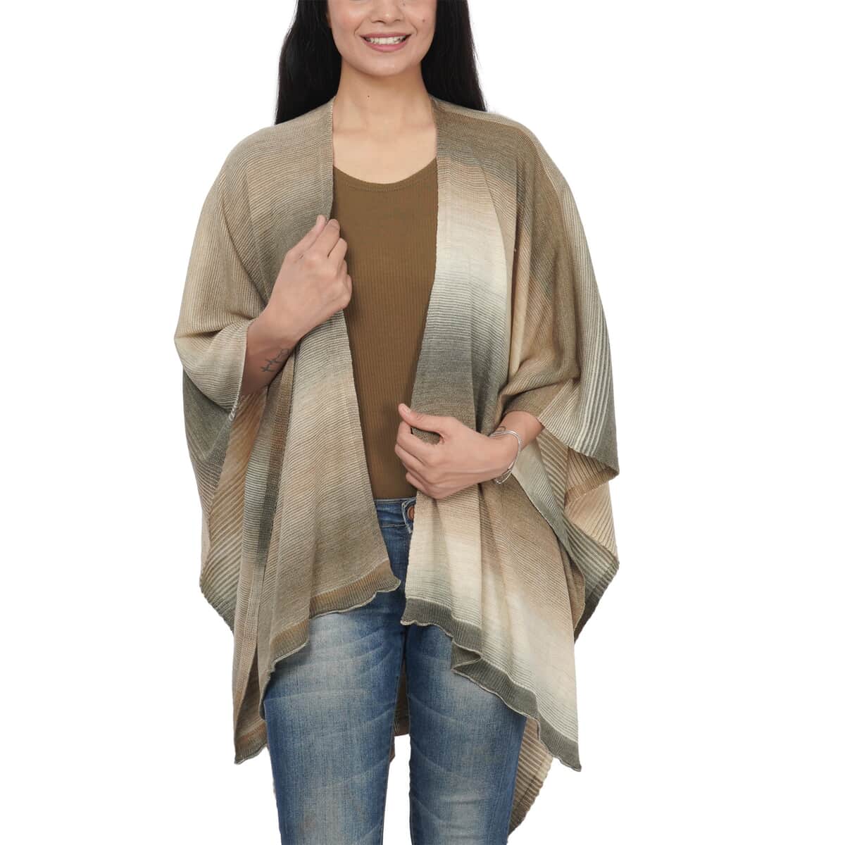 Beige Knitted Stripe Pattern Ruana (One Size Fits Most, 100% Acrylic) image number 1
