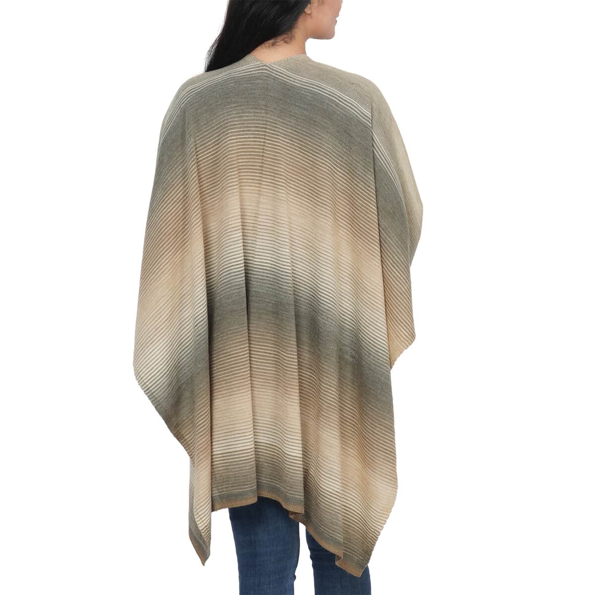 Beige Knitted Stripe Pattern Ruana (One Size Fits Most, 100% Acrylic) image number 2