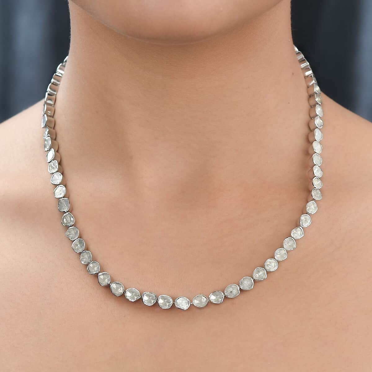 Polki Diamond Tennis Necklace 18 Inches in Platinum Over Sterling Silver 14.00 ctw image number 2
