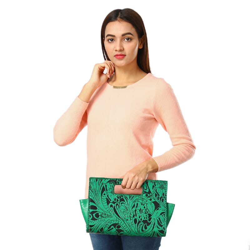 VIVID by SUKRITI - Green Floral 100% Genuine Leather Clutch Bag