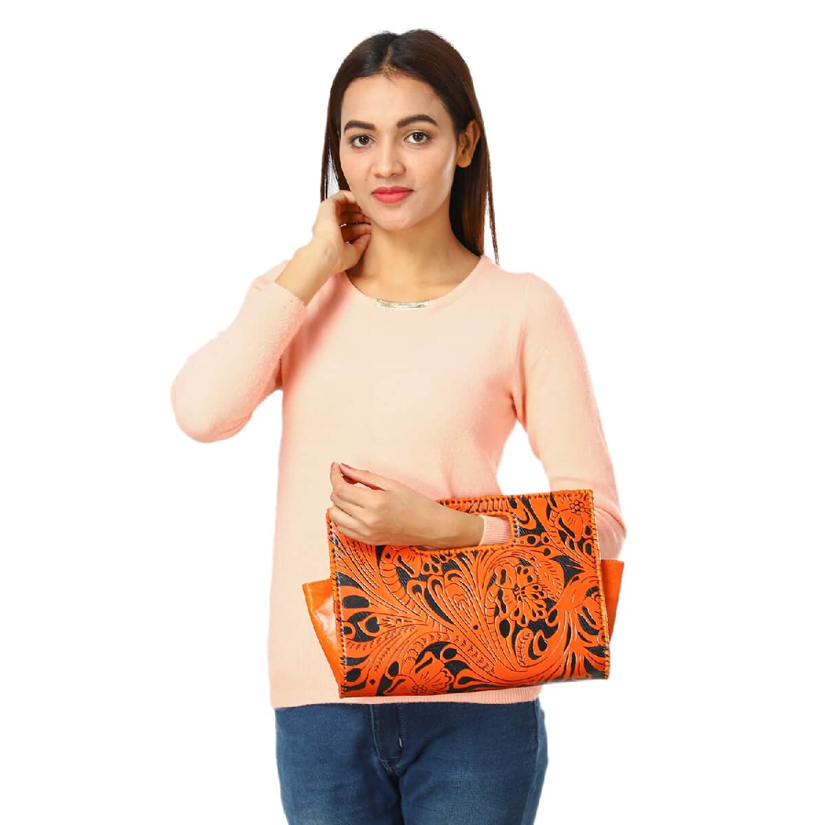 VIVID by SUKRITI - Dark Orange Floral 100% Genuine Leather Clutch Bag image number 1