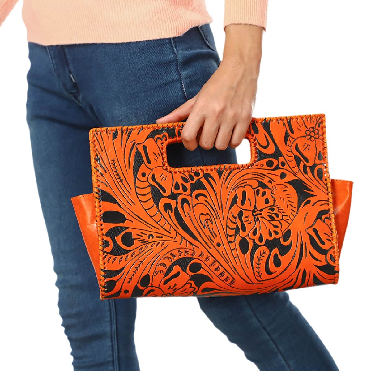 VIVID by SUKRITI - Dark Orange Floral 100% Genuine Leather Clutch Bag image number 2