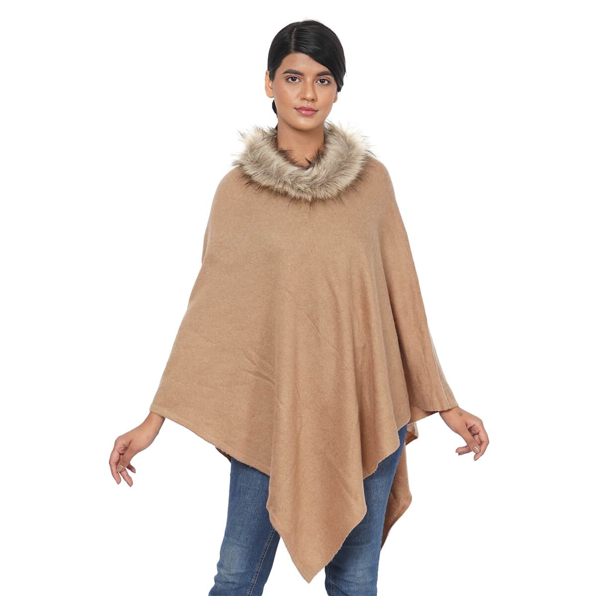 Beige 100% Cashmere Wool V-Shape Poncho with Faux Fur Collar (One Size Fits Most) image number 0