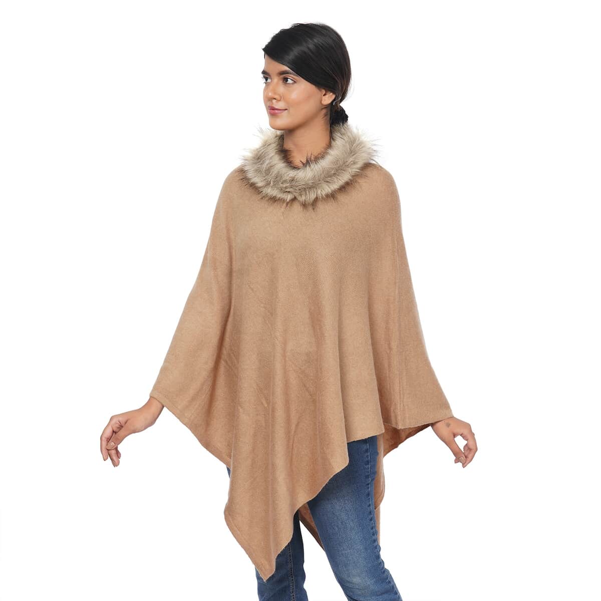 Beige 100% Cashmere Wool V-Shape Poncho with Faux Fur Collar (One Size Fits Most) image number 1