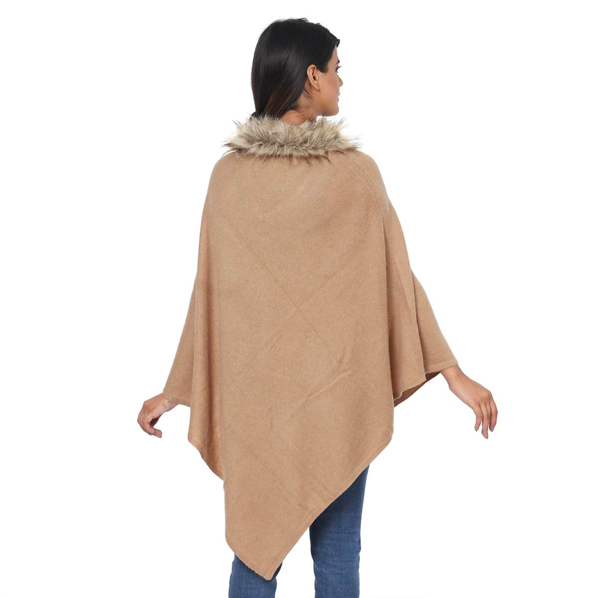 Beige 100% Cashmere Wool V-Shape Poncho with Faux Fur Collar (One Size Fits Most) image number 2