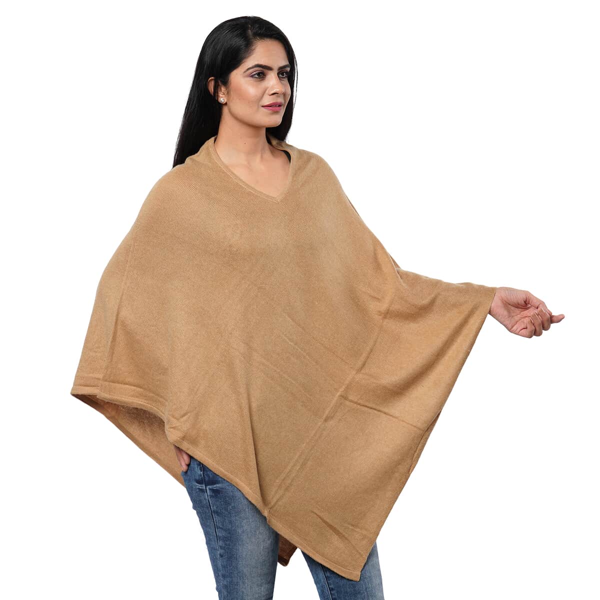 PASSAGE 100% Cashmere Wool Beige Poncho (One Size Fits Most, 28x28) image number 2
