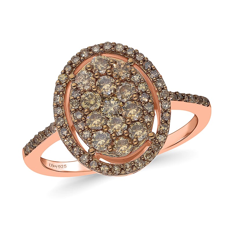 1 ctw Natural Champagne Diamond Oval Shape Ring in Vermeil Rose Gold Over Sterling Silver (Size 11.0)