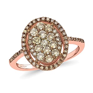 D'Joy Natural Champagne Diamond 1.00 ctw Oval Shape Ring in Rhodium and Vermeil RG Over Sterling Silver, Cocktail Cluster Rings For Women (Size 6.0)