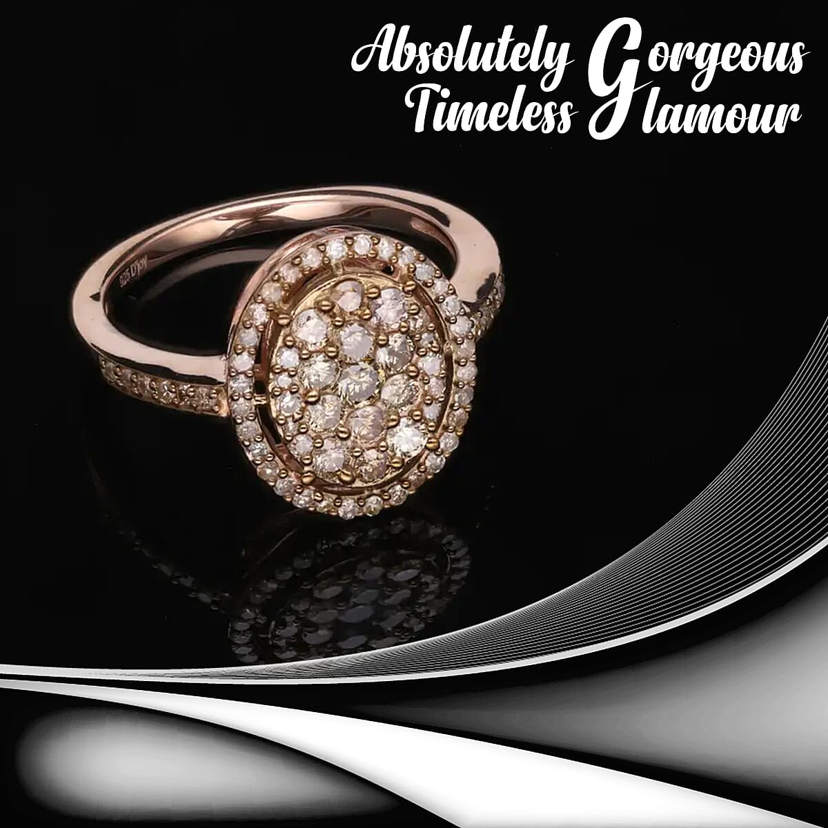 D'Joy Natural Champagne Diamond 1.00 ctw Oval Shape Ring in Rhodium and Vermeil RG Over Sterling Silver, Cocktail Cluster Rings For Women (Size 6.0) image number 1