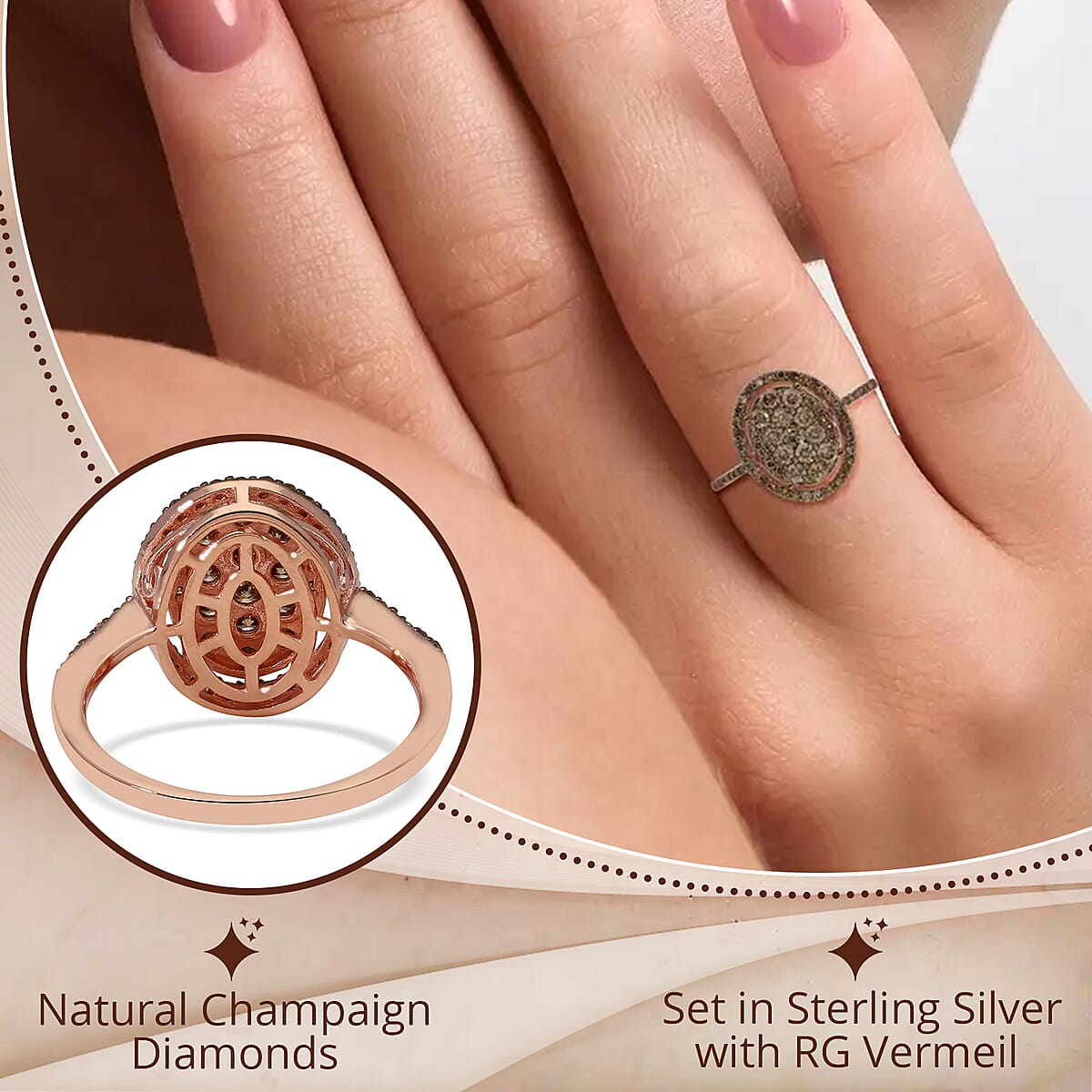D'Joy Natural Champagne Diamond 1.00 ctw Oval Shape Ring in Rhodium and Vermeil RG Over Sterling Silver, Cocktail Cluster Rings For Women (Size 6.0) image number 2