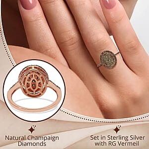 D'Joy Natural Champagne Diamond 1.00 ctw Oval Shape Ring in Rhodium and Vermeil RG Over Sterling Silver, Cocktail Cluster Rings For Women (Size 6.0)