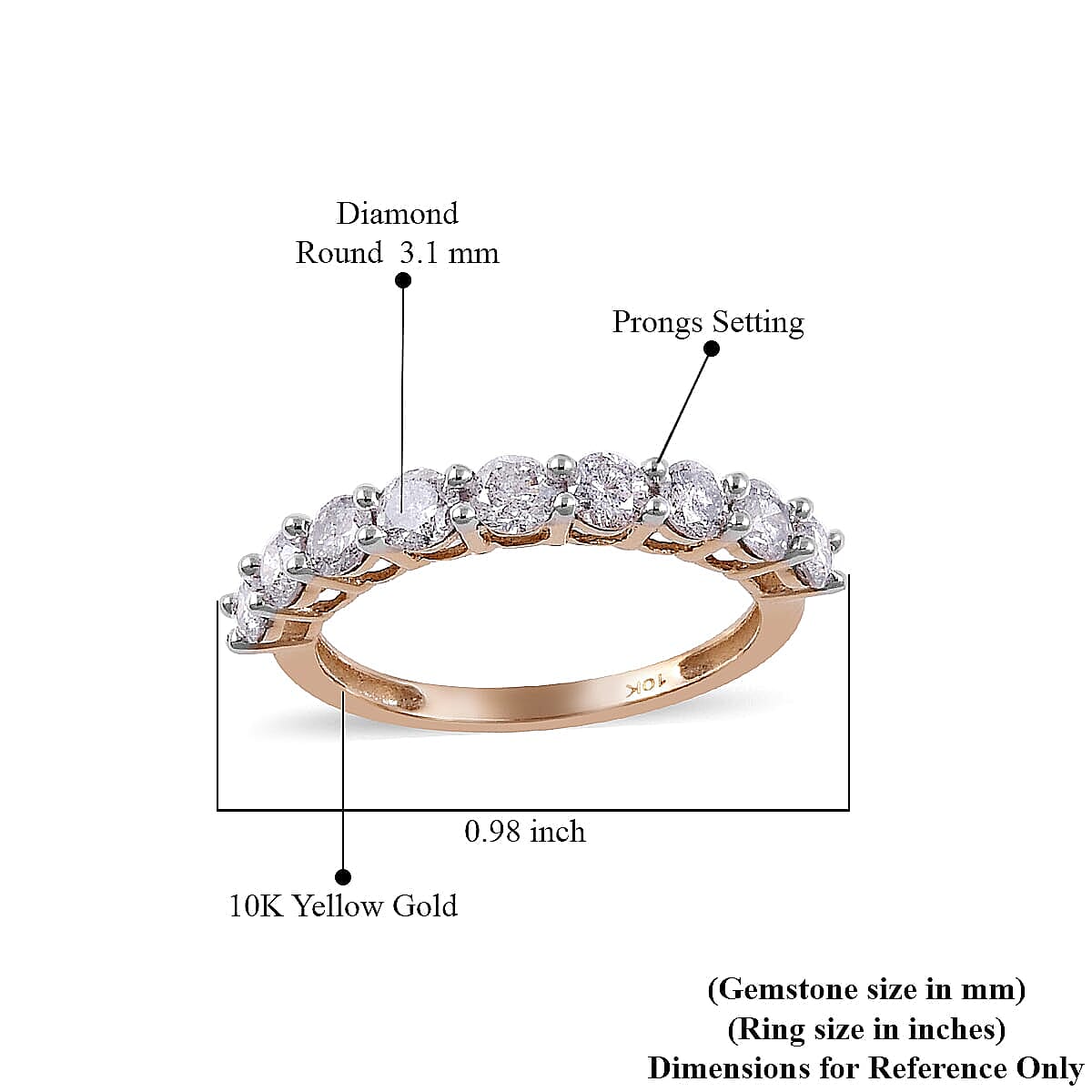 10K Yellow Gold Diamond (G-H, I3) 9 Stone Ring (Size 10.0) 1.00 ctw