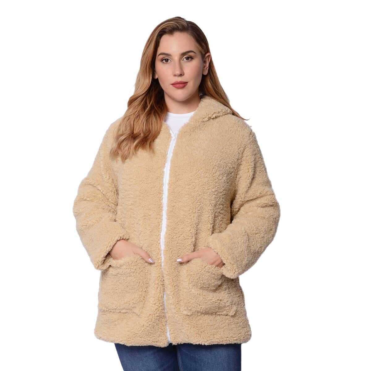 Beige Satin Lined Faux Fur Hooded Jacket with Front Pockets (M, 100% Polyester) image number 0