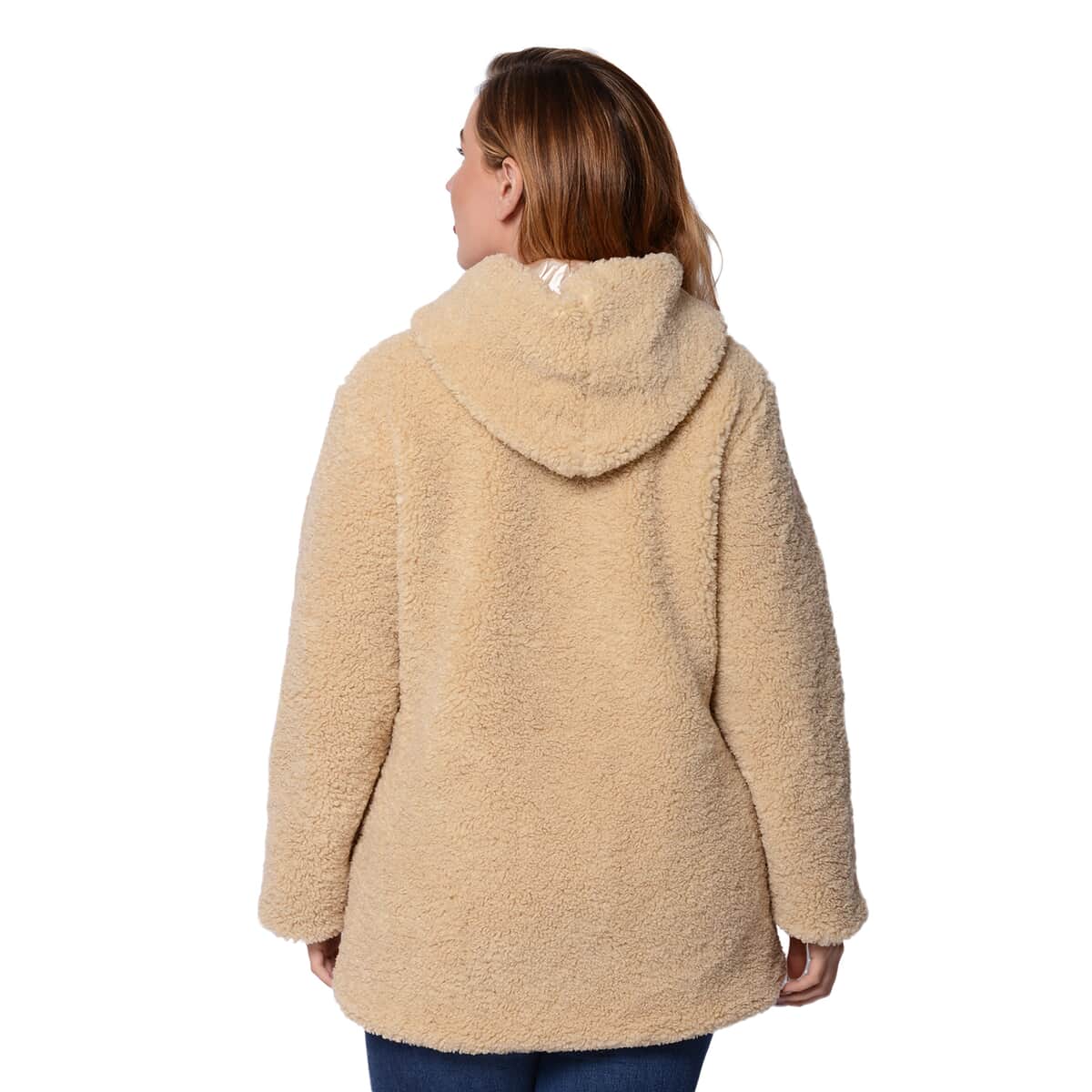 Beige Satin Lined Faux Fur Hooded Jacket with Front Pockets (M, 100% Polyester) image number 1