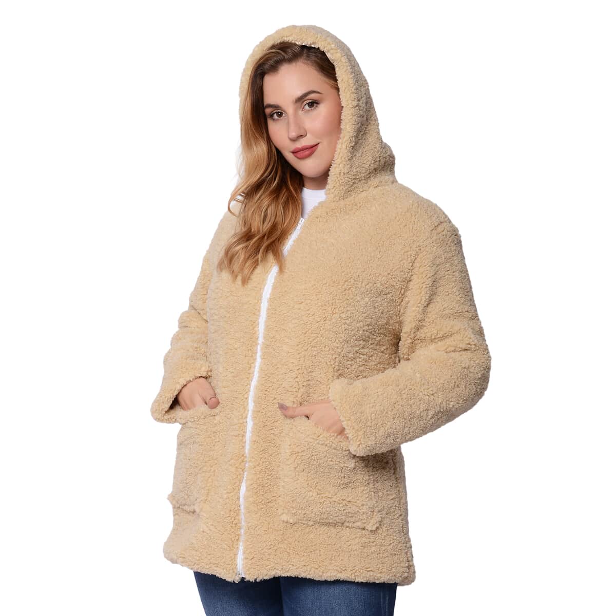 Beige Satin Lined Faux Fur Hooded Jacket with Front Pockets (M, 100% Polyester) image number 2