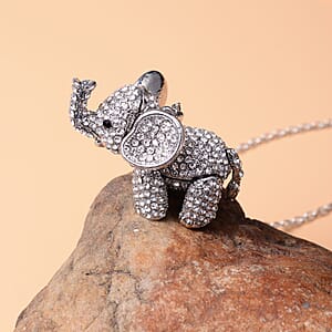 White and Black Austrian Crystal Elephant Pendant Necklace in Silvertone 24 Inches