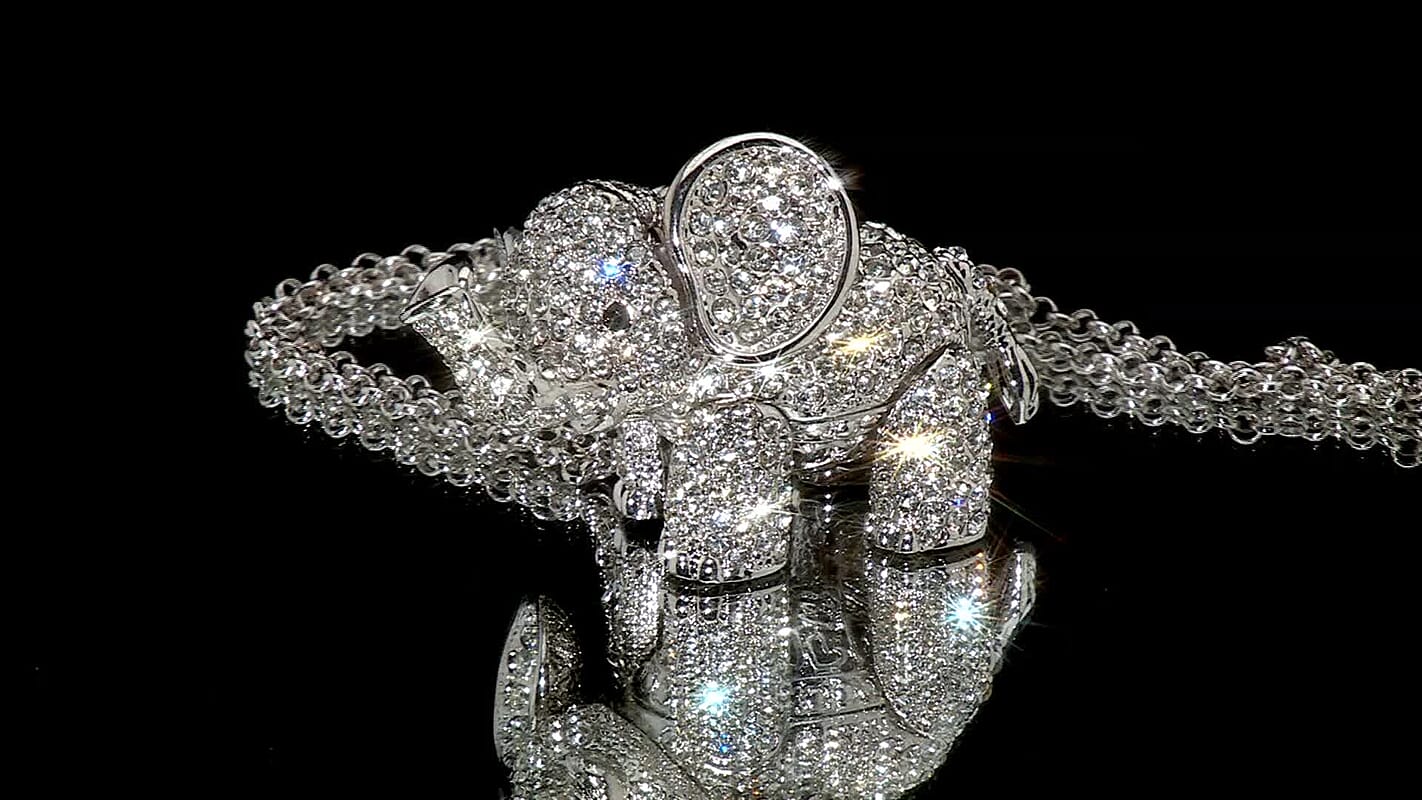 White and Black Austrian Crystal Elephant Pendant Necklace 24 Inches in Silvertone