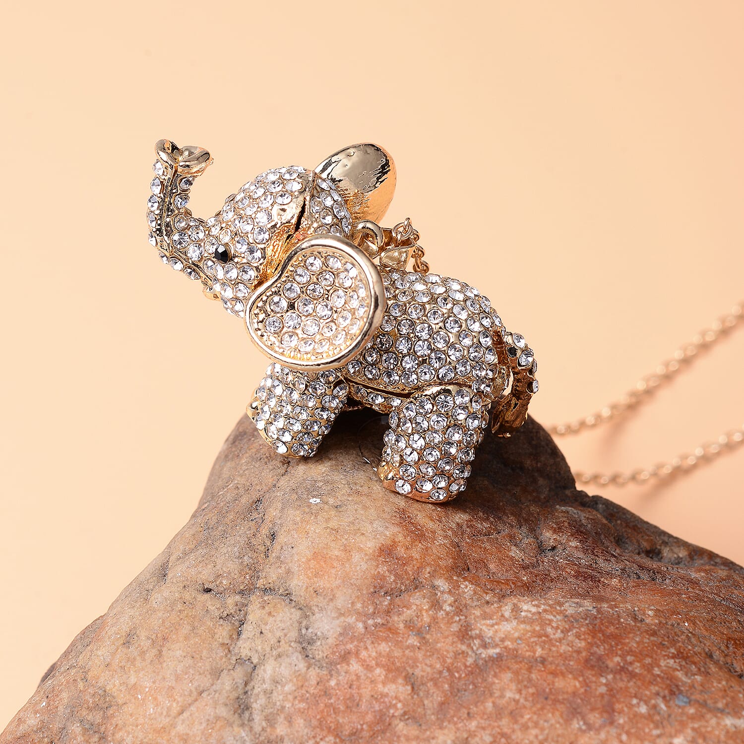 White and Black Austrian Crystal Elephant Pendant Necklace in Goldtone 24 Inches