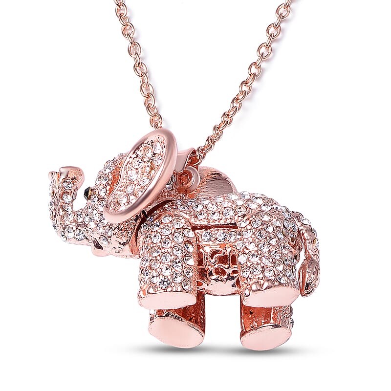 White and Black Austrian Crystal Elephant Pendant Necklace in Rosetone 24 Inches
