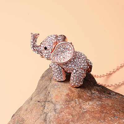 White and Black Austrian Crystal Elephant Pendant Necklace in Rosetone 24 Inches