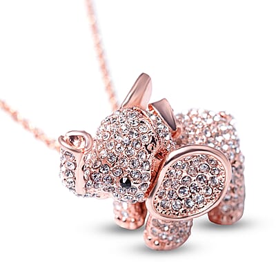 White and Black Austrian Crystal Elephant Pendant Necklace in Rosetone 24 Inches