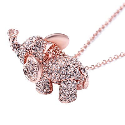 White and Black Austrian Crystal Elephant Pendant Necklace in Rosetone 24 Inches