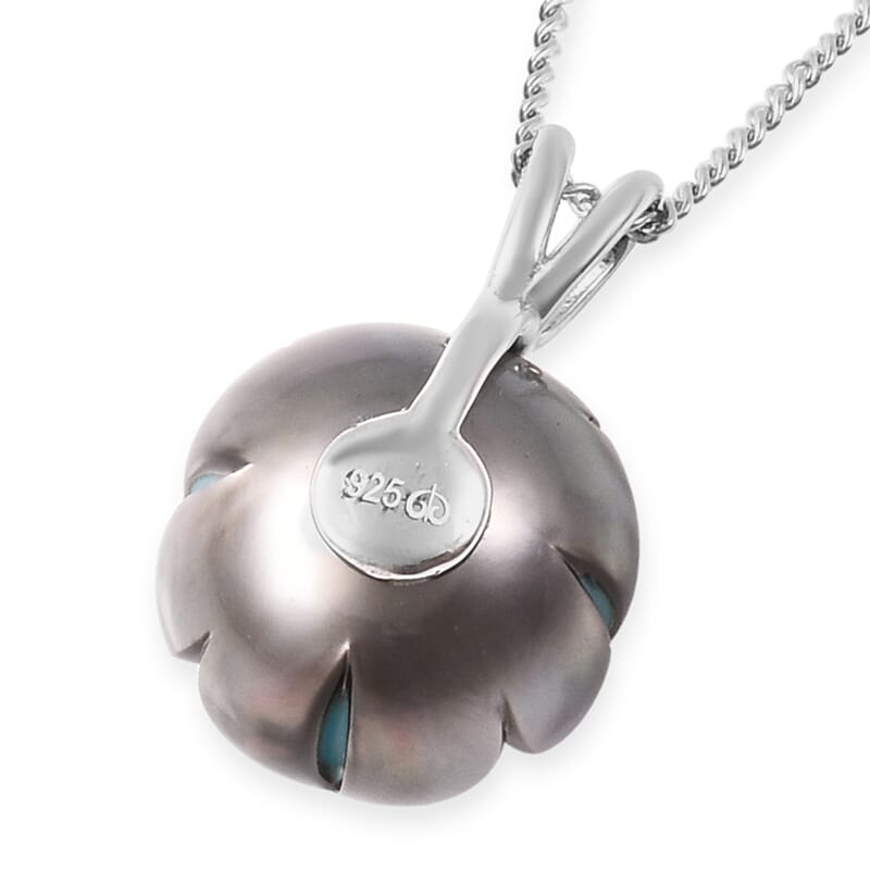 Galatea Pearl Collection Tahitian Pearl and Zircon Carved Floral Pendant Necklace 18 Inches in Sterling Silver