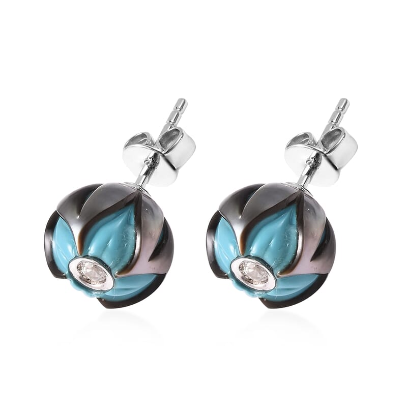 Galatea Pearl Collection Tahitian Cultured Pearl 10-11 mm and White Zircon Carved Floral Stud Earrings in Sterling Silver