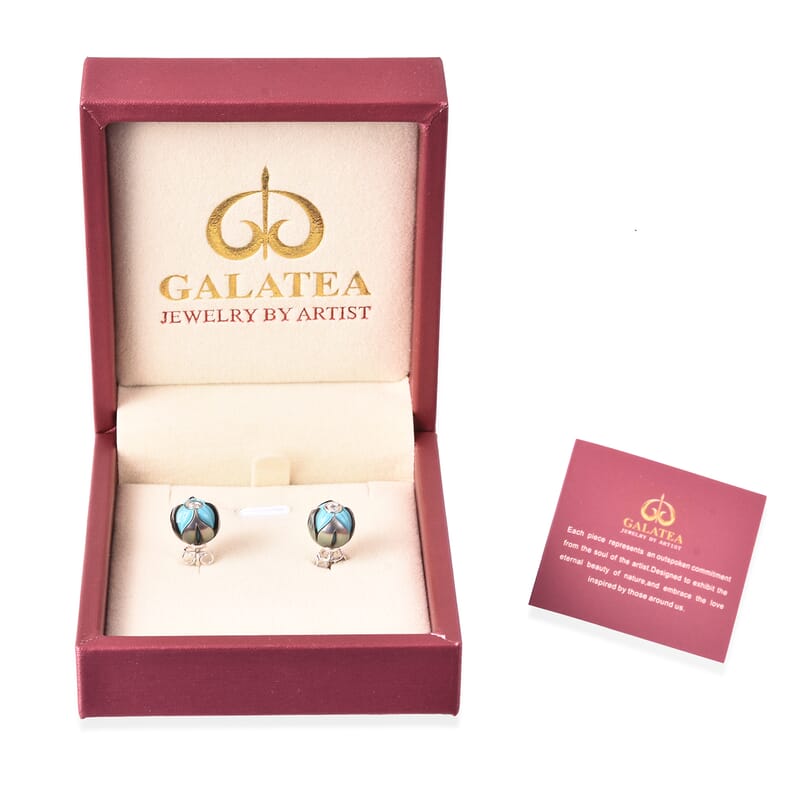 Galatea Pearl Collection Tahitian Cultured Pearl 10-11 mm and White Zircon Carved Floral Stud Earrings in Sterling Silver