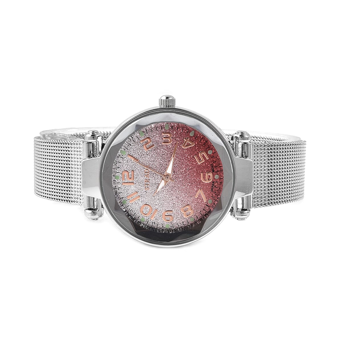 STRADA Austrian Crystal Japanese Movement Water Resistant Pink Flash Powder Watch in Stainless Steel Mesh Strap and Back image number 3