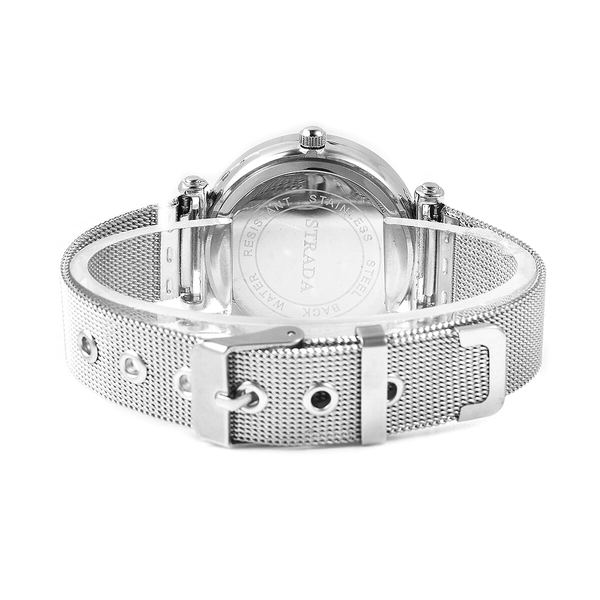 STRADA Austrian Crystal Japanese Movement Water Resistant Pink Flash Powder Watch in Stainless Steel Mesh Strap and Back image number 5