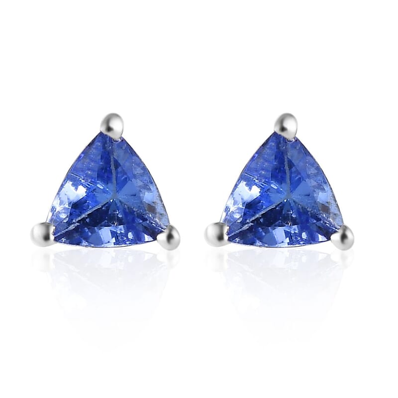 D'Joy Tanzanite Stud Earrings in Platinum Plated Sterling Silver, Solitaire Studs For Women, Wedding Jewelry Gifts, Silver Earrings 0.65 ctw