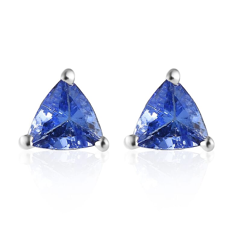 D'Joy Tanzanite Stud Earrings in Platinum Plated Sterling Silver, Solitaire Studs For Women, Wedding Jewelry Gifts, Silver Earrings 0.65 ctw