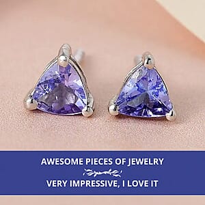 D'Joy Tanzanite Stud Earrings in Platinum Plated Sterling Silver, Solitaire Studs For Women, Wedding Jewelry Gifts, Silver Earrings 0.65 ctw