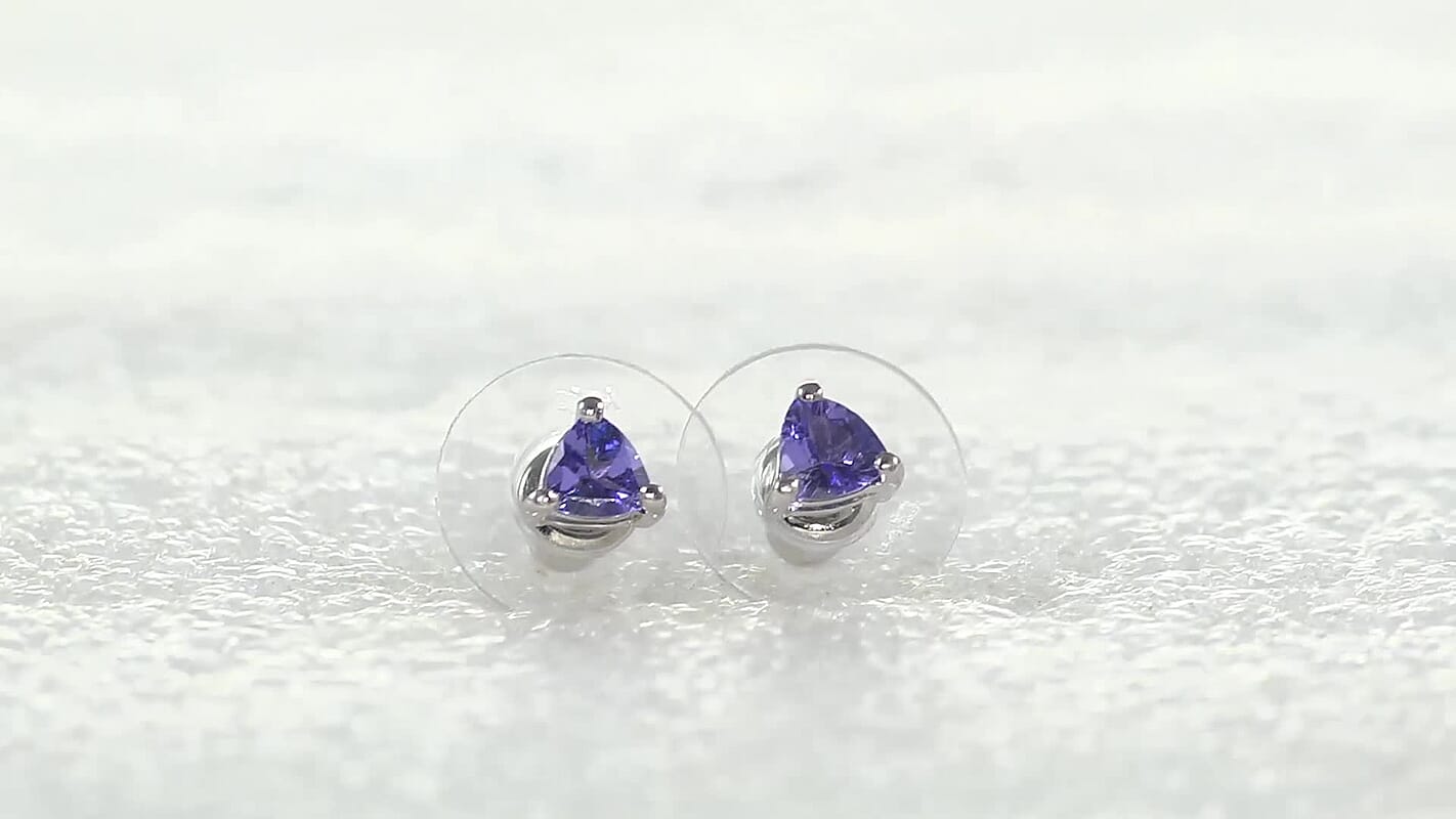 Tanzanite Stud Earrings in Platinum Plated Sterling Silver, Solitaire Studs For Women, Wedding Jewelry Gifts, Silver Earrings 0.65 ctw