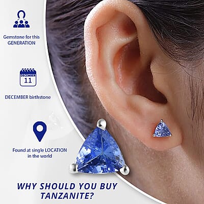 D'Joy Tanzanite Stud Earrings in Platinum Plated Sterling Silver, Solitaire Studs For Women, Wedding Jewelry Gifts, Silver Earrings 0.65 ctw