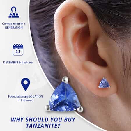 Tanzanite Stud Earrings in Platinum Plated Sterling Silver, Solitaire Studs For Women, Wedding Jewelry Gifts, Silver Earrings 0.65 ctw image number 2