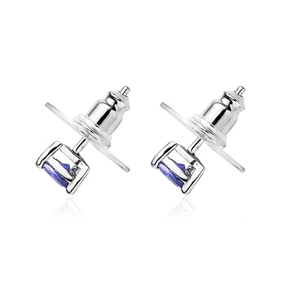 D'Joy Tanzanite Stud Earrings in Platinum Plated Sterling Silver, Solitaire Studs For Women, Wedding Jewelry Gifts, Silver Earrings 0.65 ctw