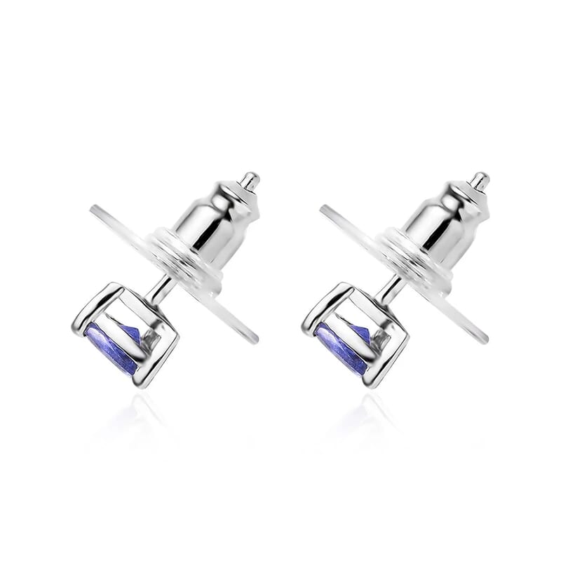 D'Joy Tanzanite Stud Earrings in Platinum Plated Sterling Silver, Solitaire Studs For Women, Wedding Jewelry Gifts, Silver Earrings 0.65 ctw